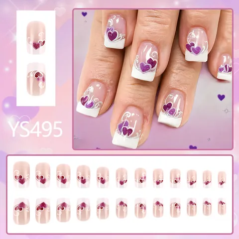 24Pcs Short Square Press On Nails French Tip Purple Heart Pattern Glitter Glossy ABS Plastic Reusable Fake Nails For Women Valentine Gift