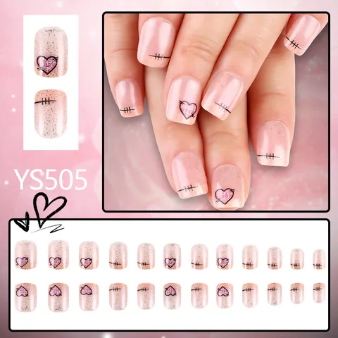 Unghie Finte Rosa Nude Glitterate con Cuore Plaid Corte Quadrate Riutilizzabili per Donna Manicure San Valentino DIY
