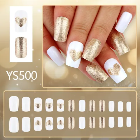Unghie Finte a Pressione Bianche con Cuore Oro Glitterato Testa Quadrata Rotonda Minimaliste Lusso Lucide per Donna
