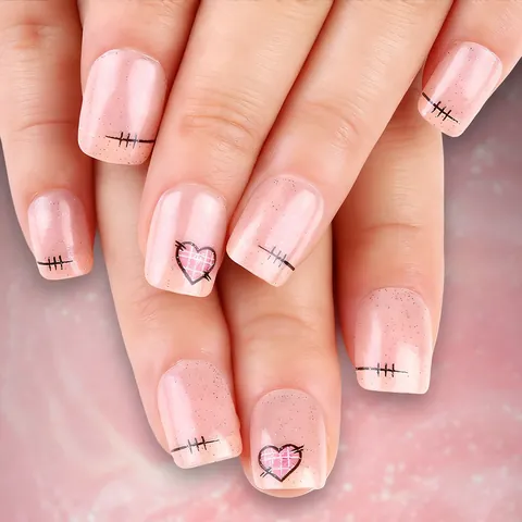 Unghie Finte Rosa Nude Glitterate con Cuore Plaid Corte Quadrate Riutilizzabili per Donna Manicure San Valentino DIY