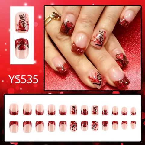 Unghie a Pressione Francesi Corte Quadrate Modello Cuore Amore Rosso Argento Glitter Unghie Finte Donna San Valentino