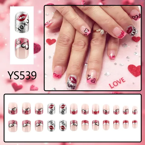 Valentine's Day Short Glossy Press On Nails Pink Silver Glitter Heart Lip Print XOXO Sweet Cool Artificial Nails For Women