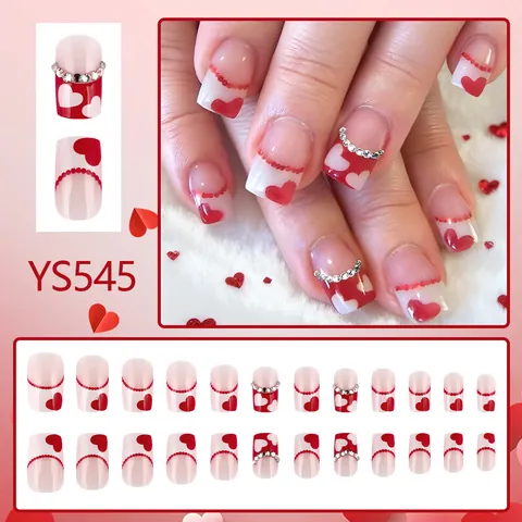 Faux Ongles à Coller Courts Ronds Motif Cœur Rouge Strass Brillants Style Français pour Saint Valentin Femme