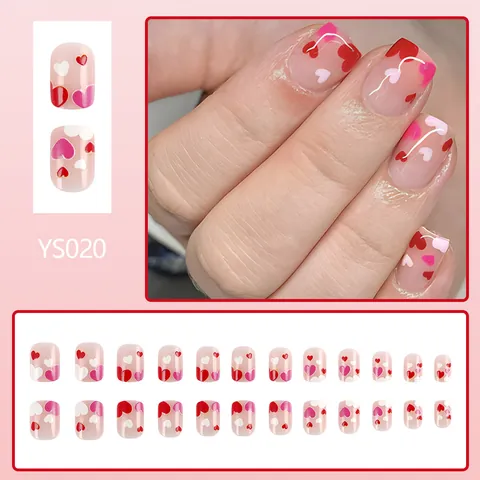 Short Square Glossy Press On Nails Heart Pattern Fake Nails With Adhesive Tabs Valentine's Day Manicure DIY For Women