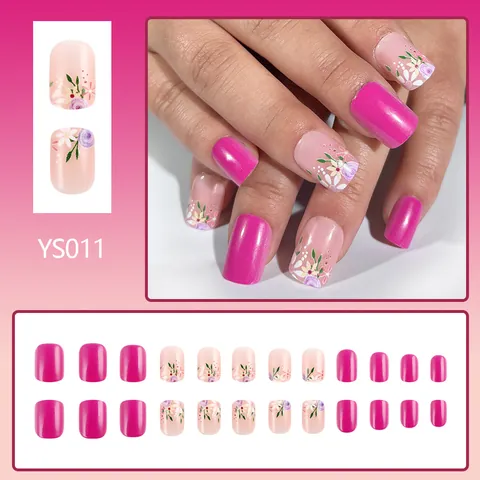 Glossy Rose Red Pink Floral Print Short Square Round Press On Nails Sweet Fresh Style Artificial Fake Nails Women Jewelry