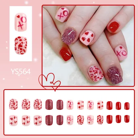 Valentinstag Rotes Herz Glänzend Kurz Künstliche Nägel Süß Rosa Glitzer Leopard XO Muster Falsche Nägel Für Damen