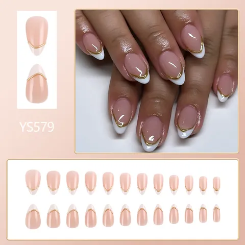French Minimalist Nude Pink Press On Nails With 3D Golden Stripes White French Tips Almond Shape Fake Nails For Women Nail Art Decoration