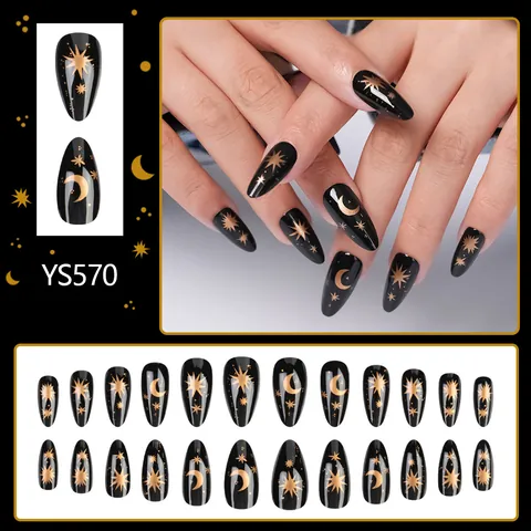 Unghie Finte a Pressione a Mandorla Stella Luna Oro Nero Unghie Finte Lucide Lunghe Stiletto Artificiali per Donne Ragazze Uso Quotidiano
