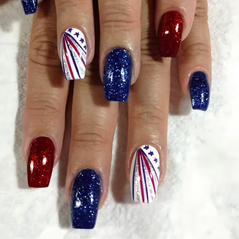European Square Press On Nails Independence Day Theme Red Blue Star Stripes Glitter Glossy Removable Fake Nails Women Fashion Accessory