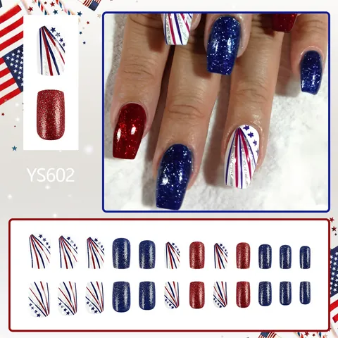 European Square Press On Nails Independence Day Theme Red Blue Star Stripes Glitter Glossy Removable Fake Nails Women Fashion Accessory