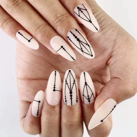 Unghie Finte Opache a Mandorla Design Linee Geometriche Nere Minimaliste Astratte Unghie Artificiali per Manicure Donna
