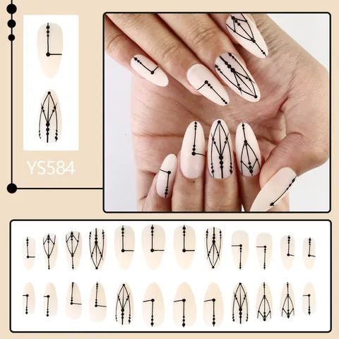 Unghie Finte Opache a Mandorla Design Linee Geometriche Nere Minimaliste Astratte Unghie Artificiali per Manicure Donna