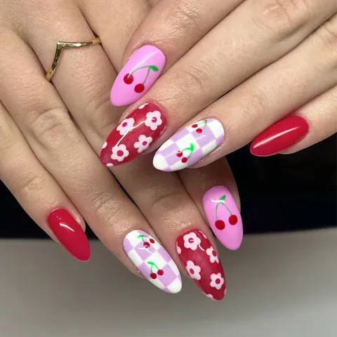 Uñas Postizas a Presión Almendra Brillante Cereza Tablero Ajedrez Floral Rojo Rosa Uñas Postizas para Mujer Dulce Manicura Bricolaje