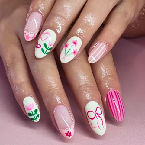 Unghie Finte da Incollare Rosa con Fiocco e Fiori Lucide a Mandorla Ovali per Donna San Valentino Manicure DIY