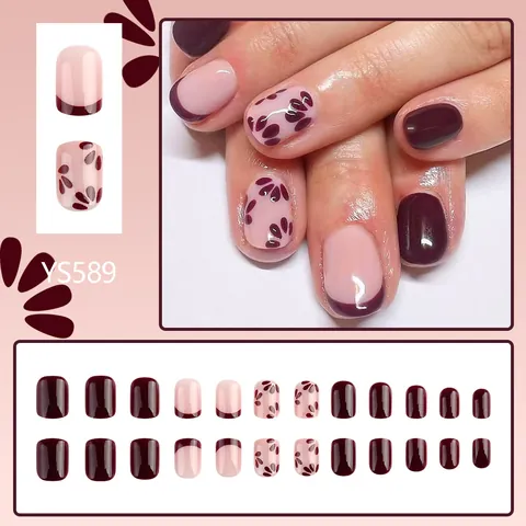 Unghie Finte Francesi Corte Quadrato Arrotondato Rosso Vino Rosa Motivo Floreale Unghie Artificiali Riutilizzabili Con Gel Adesivo