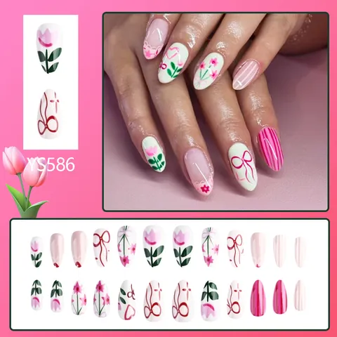 Unghie Finte da Incollare Rosa con Fiocco e Fiori Lucide a Mandorla Ovali per Donna San Valentino Manicure DIY