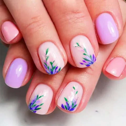 Faux Ongles à Presser Courts Carrés Brillants Avec Motifs Fleurs Lavande Rose Nude Violet pour Femmes Décoration Manucure