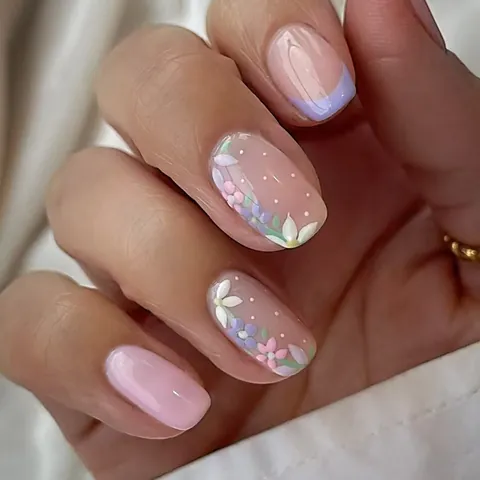 Unghie Finte Rosa Floreali French Tip Pois Corte Squoval Unghie Artificiali per Donna Decorazione Manicure Quotidiana Fresca