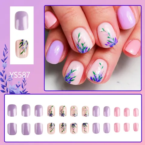 Faux Ongles à Presser Courts Carrés Brillants Avec Motifs Fleurs Lavande Rose Nude Violet pour Femmes Décoration Manucure