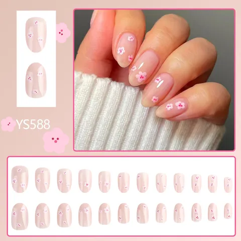 Kurze Aufdrücknägel Rosa Kirschblüte Floral Glänzende Falsche Nägel ABS Kunststoff Künstliche Nägel Für Damen Tägliche Maniküre