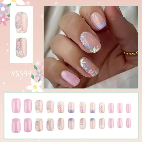 Unghie Finte Rosa Floreali French Tip Pois Corte Squoval Unghie Artificiali per Donna Decorazione Manicure Quotidiana Fresca