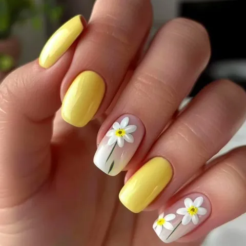 Uñas Postizas de Presión Amarillo Brillante con Margaritas Estilo Fresco Dulce Cuadradas de Longitud Media Uñas Acrílicas Mujer