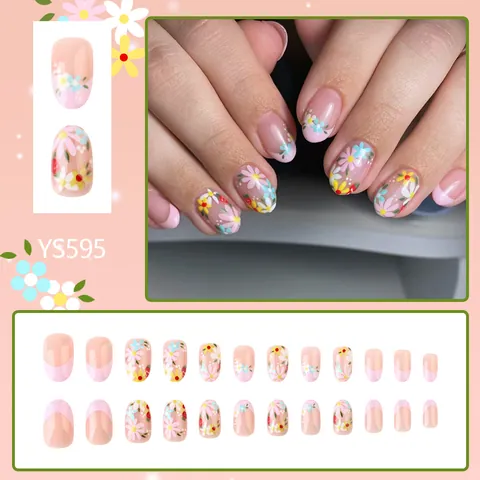 24 Pezzi Unghie Finte Corte Ovali French Rosa Motivo Floreale Margherita Fragola Unghie Finte Lucide Fresche per Donna