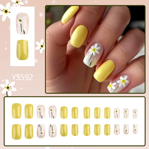 Uñas Postizas de Presión Amarillo Brillante con Margaritas Estilo Fresco Dulce Cuadradas de Longitud Media Uñas Acrílicas Mujer