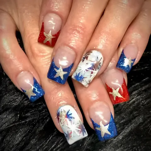 Giorno dell'Indipendenza Unghie Finte Stelle Oro Rosso Bianco Blu Quadrato Francese Lucido Unghie Finte Per Donna ABS Plastica Fai Da Te Manicure