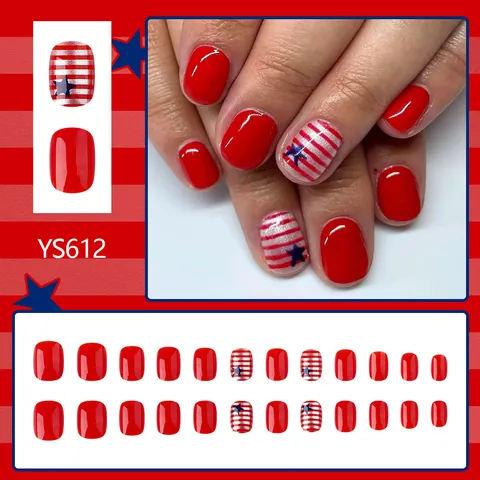 Independence Day Press On Nails Red Blue Stars Stripes Short Squoval Glossy False Nails Full Cover Artificial Fingernails For Women