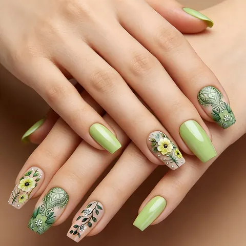Pastoraler Stil Grüne Florale Aufklebbare Nägel Glänzende Künstliche Nägel Mit Gänseblümchen Mustern Für Damen Maniküre