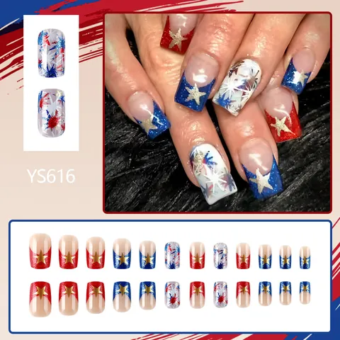Giorno dell'Indipendenza Unghie Finte Stelle Oro Rosso Bianco Blu Quadrato Francese Lucido Unghie Finte Per Donna ABS Plastica Fai Da Te Manicure