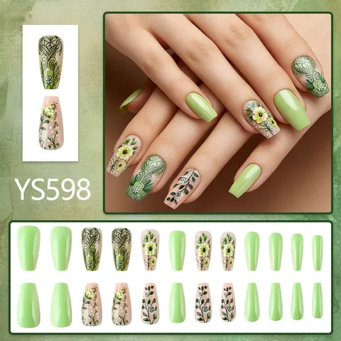 Pastoraler Stil Grüne Florale Aufklebbare Nägel Glänzende Künstliche Nägel Mit Gänseblümchen Mustern Für Damen Maniküre