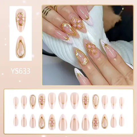 Luxury Almond Press On Nails 3D Relief Pink Flower Gold French Tip Elegant Artificial Nails For Women Party Manicure