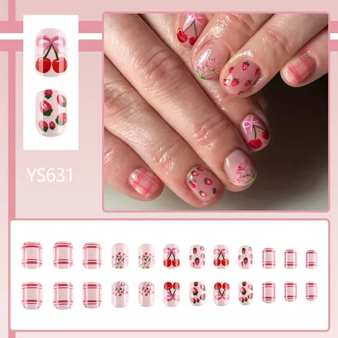 Unghie Finte a Pressione Rosa Dolce Forma Ovale Corta Fragola Ciliegia Scacchiera Lucide ABS per Donne Gioielli