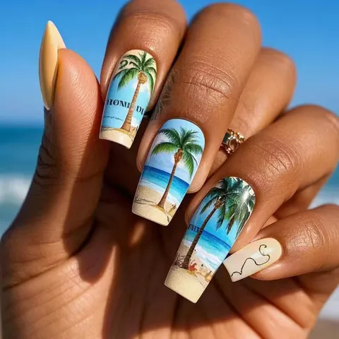 Tropische Palme Strand Künstliche Fingernägel Lange Sargform Glänzende Falsche Nägel Full Cover Maniküre Für Frauen