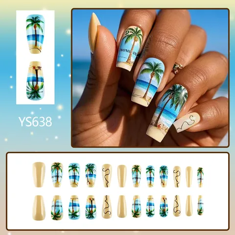 Tropische Palme Strand Künstliche Fingernägel Lange Sargform Glänzende Falsche Nägel Full Cover Maniküre Für Frauen