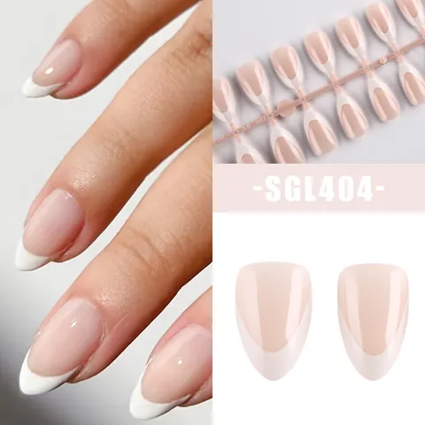Faux Ongles Français Forme Amande Brillants Simples Rose Blanc Faux Ongles pour Femmes Manucure Mode Quotidienne Pointes D'ongles