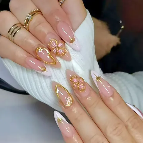 Luxury Almond Press On Nails 3D Relief Pink Flower Gold French Tip Elegant Artificial Nails For Women Party Manicure