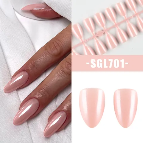 Minimalistische Perlmuttrosa Galvanisierte Aufdrucknägel in Mandelform Für Damen Glänzendes Aurora-Finish Mittellange Elegante Maniküre-Dekoration