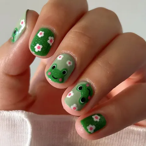 Cute Green Cartoon Frog And Flower Pattern Press On Nails Glossy Short Square Fake Nails For Women Fashion Nail Art Decoration