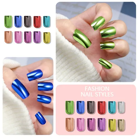 Mirror Metallic Press On Nails Short Square Round Fake Nail Tips Finished Manicure Art For Women Daily Party Decor