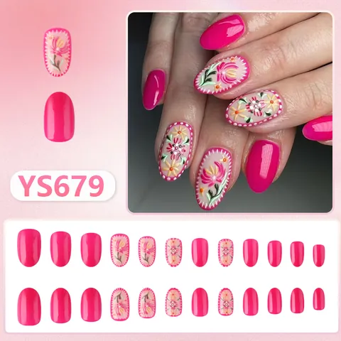 Pink Glossy Cute Press On Nails Embossed Floral Design Short Oval Fake Nails For Women Daily Use Beauty Manicure Art