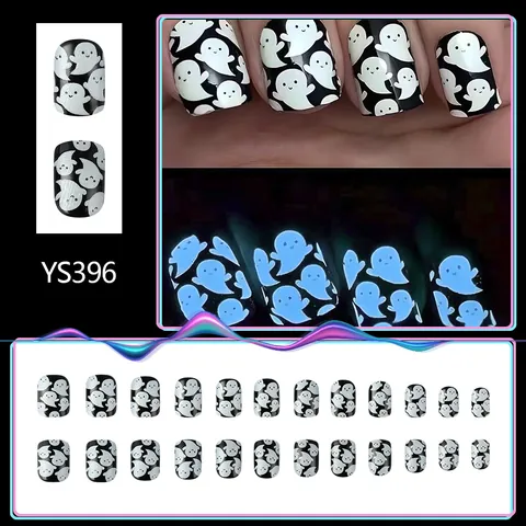 Halloween Leuchtende Geist Künstliche Nägel Kurz Oval Schwarz Fluoreszierend Damen Künstliche Nägel Für Party