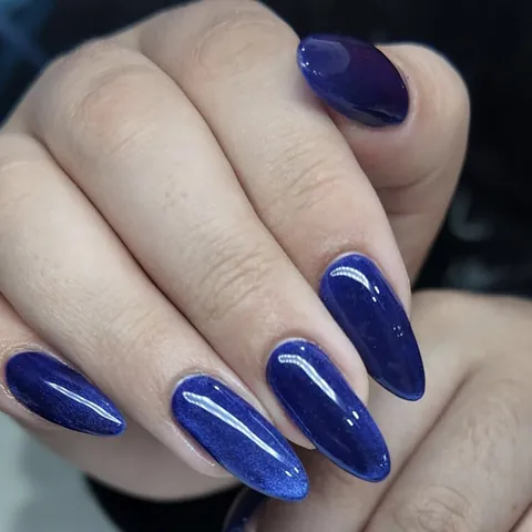 Deep Blue Cat Eye Press On Nails Almond Shape Glossy Fake Nails Elegant Detachable Salon Quality Manicure For Women