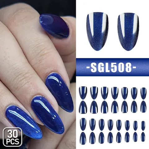 Deep Blue Cat Eye Press On Nails Almond Shape Glossy Fake Nails Elegant Detachable Salon Quality Manicure For Women