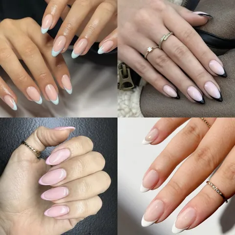 Unghie a Pressione con Punta Francese Forma a Mandorla Lucido Unghie Finte Set Manicure Riutilizzabile per Donna Festa Quotidiana