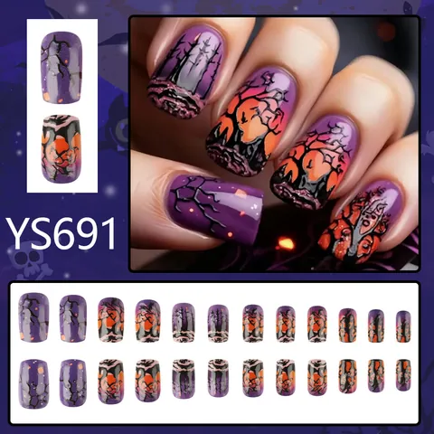 Halloween 3D Reliëf Press On Nagels Mysterieus Bos Paars Oranje Gradiënt Pompoen Dode Boom Patroon Glanzend Lang Vierkant