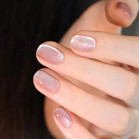 Women Cat Eye Press On Nails Short Square Light Pink Artificial Pearl Glitter Fake Nails Manicure Accessories Artificial Nails