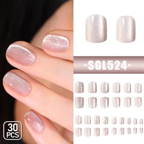 Women Cat Eye Press On Nails Short Square Light Pink Artificial Pearl Glitter Fake Nails Manicure Accessories Artificial Nails